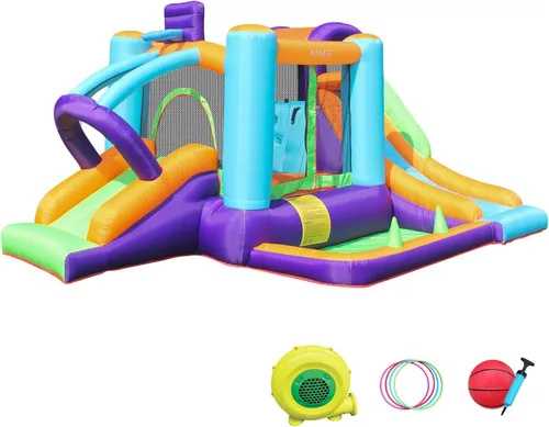 Vista 10 de AirMyFun Casa inflable para saltar, castillo hinchable con soplador de aire, casa de juegos con piscina de bolas, tobogán inflable para niños