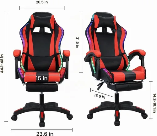 Vista 3 de Silla de juegos con altavoces Bluetooth y luces LED, silla ergonómica de masaje para computadora, altura ajustable, silla de videojuegos con asiento