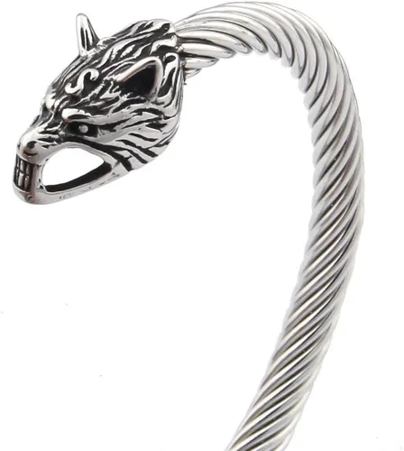 Vista 2 de BAVIPOWER Pulsera de acero inoxidable con cabezas de lobo nórdico Fenrir Odin Raven Dragón Serpiente de acero inoxidable fuerte Pagan Jewelry