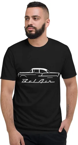 Vista 2 de JG Infinite 1955 Chevy 55 Belair Bel Air Outline Antique American Collector Car Camiseta unisex de manga corta Negro