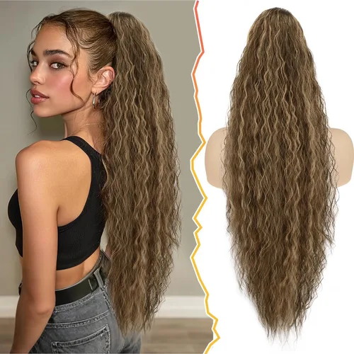 Vista 19 de BARSDAR Extensión de cola de caballo rizada ondulada con cordón negro marrón – 22 pulgadas de extensión de cabello sintético con peine de clip