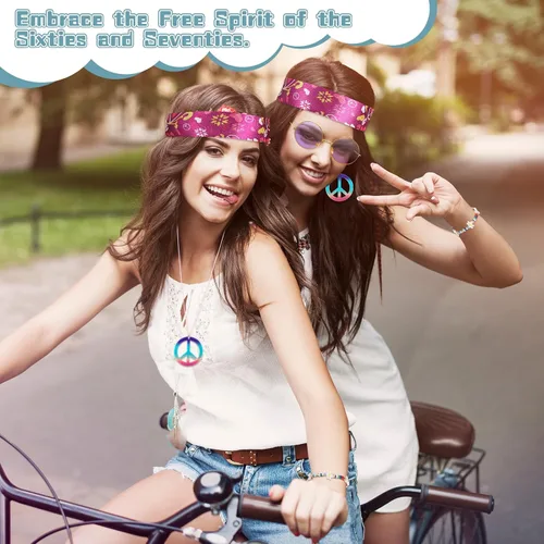 Vista 6 de Batiyeer 6 piezas de accesorios hippie para mujer, aretes bohemios con signo de la paz de los años 60 y 70, trajes para mujer, recuerdo de fiesta