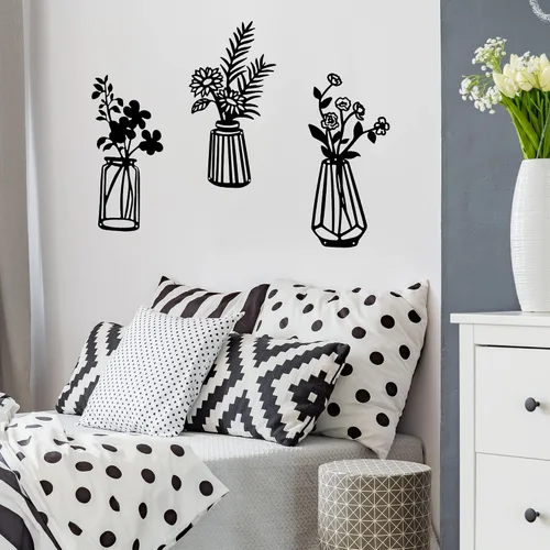 Vista 7 de Qzmaikoo 3 piezas de flores de metal negro para decoración de pared, jarrón, esculturas artísticas para colgar en interiores, cocina, baño, comedor