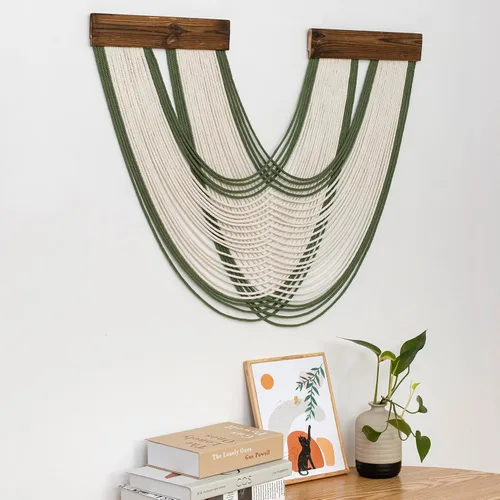 Vista 6 de Tapiz bohemio de macramé para colgar en la pared, tejido teñido anudado de fibra verde y blanca, hecho a mano, para colgar en la pared, grande