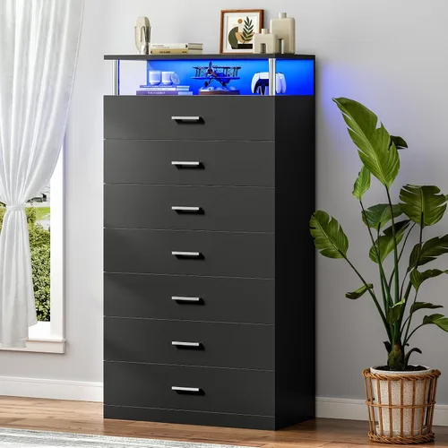 Vista 8 de AOGLLATI Cómoda blanca para dormitorio con diseño de columna, cómoda de 4 cajones con estación de carga, cómoda moderna led alta para dormitorio