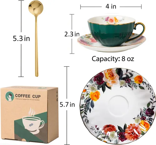 Vista 6 de ONEUSTAR Juego de taza de té y platillo para 1 taza de té floral de porcelana de hueso con cuchara, taza de café de 8 onzas, taza de capuchino latte