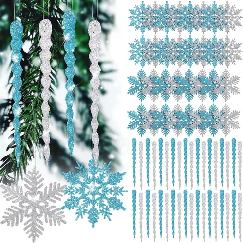 Vista 12 de Deekin 72 piezas adornos de carámbano de copo de nieve para árbol de Navidad, carámbanos torcidos de copo de nieve con purpurina, decoraciones