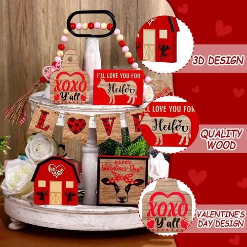 Vista 4 de 10 piezas de decoración de bandeja escalonada de gnomo de San Valentín (bandeja no incluida), en forma de corazón de madera de San Valentín