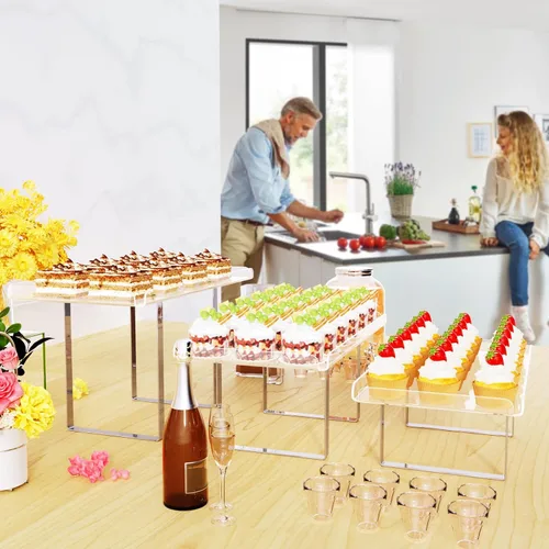 Vista 7 de Bakzon Soporte de 3 piezas para cupcakes, juego de mesa de postres de acrílico transparente con patas de soporte de hierro para cumpleaños
