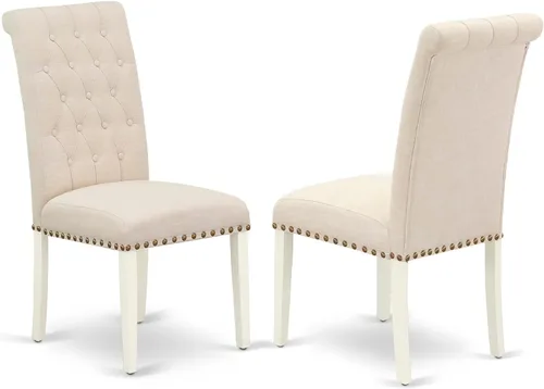 Vista 4 de East West Furniture ANBR3-LWH-02 Juego de mesa de comedor de 3 piezas contiene una mesa de comedor redonda con pedestal y 2 sillas tapizadas de tela