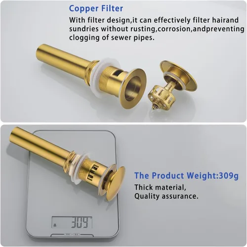 Vista 6 de Desagüe desplegable para lavabo de baño con desbordamiento, tapón de tocador de lavabo dorado oscuro cepillado, tapón de estilo rebote de latón