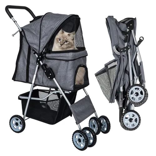 Vista 7 de Cochecito para perros pequeños, cochecito para mascotas, carrito plegable, ligero, impermeable, con cesta de almacenamiento para cachorros, perros