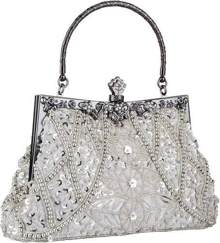 Vista 2 de Bolso de estilo vintage con cuentas de lentejuelas bolso de noche de fiesta de boda bolso de embrague de diamantes de imitación, plateado
