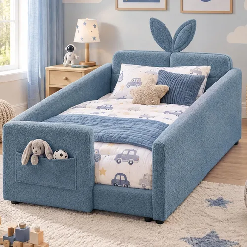Vista 10 de Cama de suelo tapizada de tamaño matrimonial con valla y bolsillos, cama de Cama de suelo tapizada de tamaño matrimonial con listones y cabecero