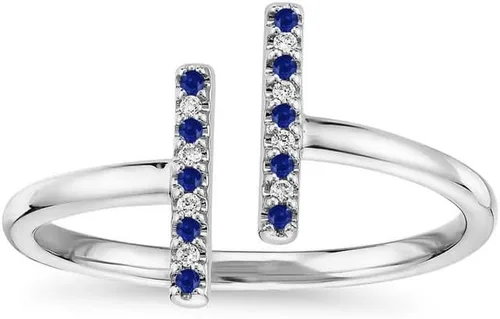 Vista 10 de Anillo de barra abierta de zafiro azul y diamante blanco alternativo para mujer, anillo de barra abierta de zafiro azul con acabado de oro de 14