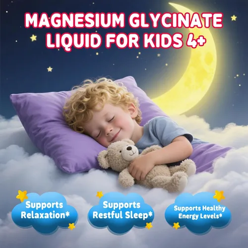 Vista 6 de Gotas líquidas de glicinato de magnesio para niños, con L-teanina, omega-3, vitaminas B6 y D3, zinc y calcio, para apoyo al sueño, relajación
