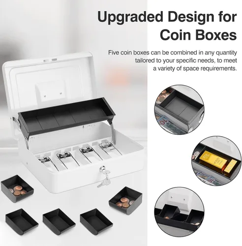 Vista 3 de Caja de dinero grande con cerradura de llave y bandeja de dinero, caja de dinero con bandeja para efectivo, caja fuerte con cerradura para oficina