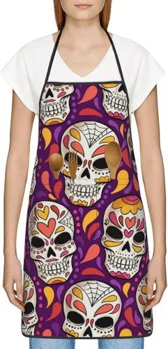 Vista 2 de Delantal de calavera de azúcar, delantales de cocina para hombres y mujeres, delantal de cocina, delantal de chef, delantales de jardín ajustables