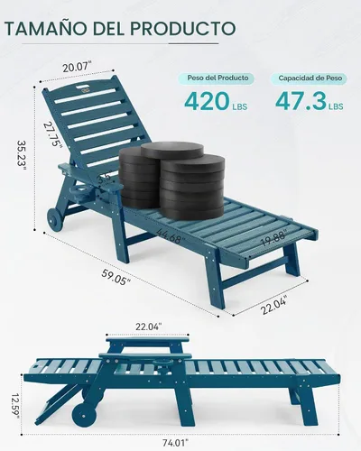Vista 2 de Chaise Lounge Chair al aire libre con ruedas, silla de patio de gran tamaño con textura de madera, silla de plástico de 5 posiciones para piscina