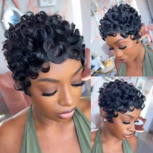 Vista 12 de YJOQOKOA Peluca corta de cabello humano estilo Bob para mujeres negras, pelucas de cabello humano con corte Pixie, sin pegamento, sin encaje