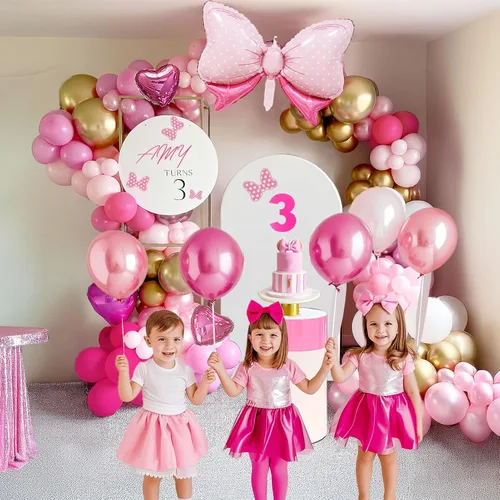 Vista 3 de Kit de arco de guirnalda de globos rosa y dorado, 140 piezas de globos de papel de aluminio de estrella con arco para temática de ratón de dibujos