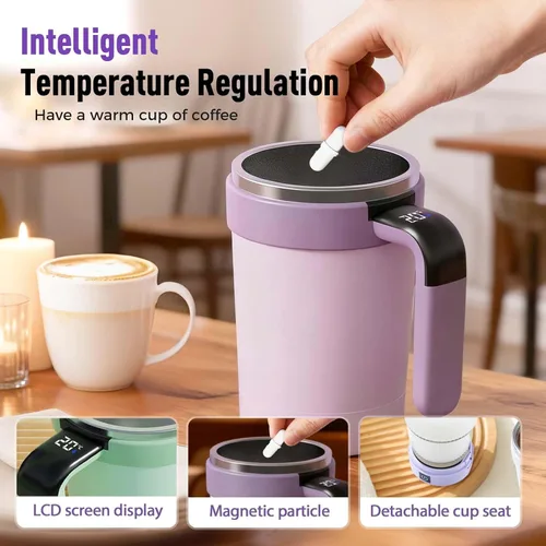 Vista 5 de Taza de agitación magnética automática – Recargable de acero inoxidable portátil para café, leche y chocolate caliente (negro)