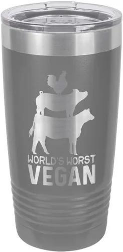 Vista 15 de Taza de viaje con pajita grabada a láser con citas de barbacoa, de la marca World's Worst Vegan, de 20 onzas, para comparar con Yeti Rambler