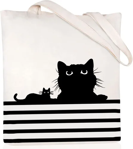 Vista 21 de Andeiltech - Bolsa de lona para mujer, con diseño de gato bonito y estética, bolsas reutilizables para compras y comestibles, con bolsillo