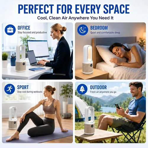 Vista 7 de Ventilador de escritorio, pequeño ventilador silencioso sin aspas con ajuste de 9 velocidades y 3 modos de luz, recargable por USB de 14 pulgadas