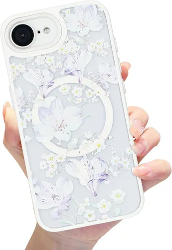 Vista 8 de Compatible con iPhone 16E - Funda magnética mate translúcida negra, cubierta trasera dura con bonito patrón de flores y funda magnética de lujo a
