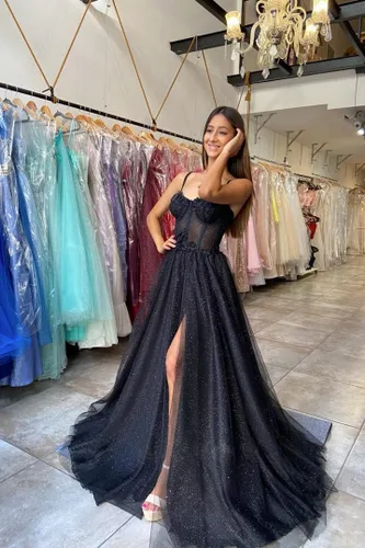 Vista 3 de Vestidos de graduación de tul con purpurina, tirantes delgados, apliques de encaje, flores de corazón, vestidos de fiesta de noche con abertura