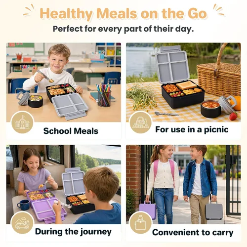 Vista 7 de Lonchera Bento para Niños con Termo para Sopa de 8oz, Contenedores de Comida para Almuerzo Impermeables para Niños con 4 Compartimentos, Tarro