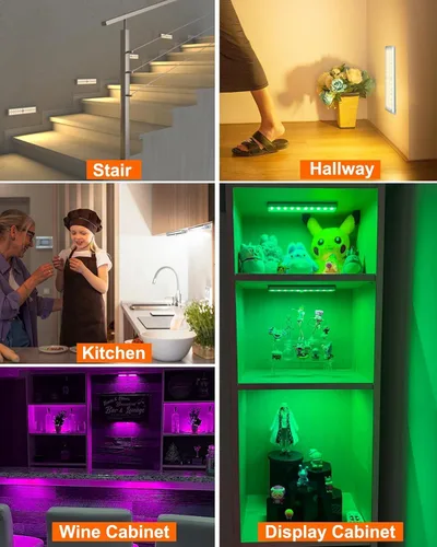 Vista 8 de Luces inalámbricas para debajo del gabinete, 58 luces LED recargables con sensor de movimiento con control remoto, luces RGB que cambian