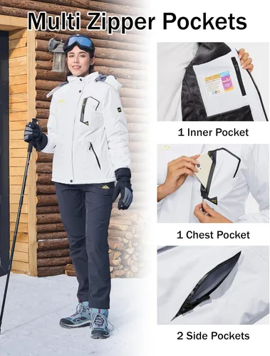 Vista 4 de MAGCOMSEN Chaqueta de esquí para mujer, impermeable, aislada, chaqueta de nieve cálida y resistente al viento, con capucha y forro polar