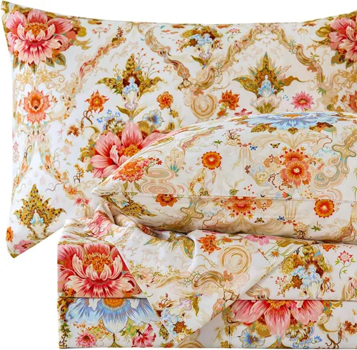 Vista 39 de Zusbest Juego de sábanas florales de 100 % algodón percal, color naranja y amarillo, juego de sábanas suaves y transpirables con diseño botánico