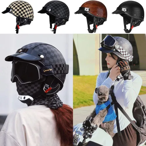 Vista 6 de Casco de motocicleta estilo alemán estilo retro medio casco de cuero medio abierto - aprobado por DOT para hombres y mujeres vintage motocicleta