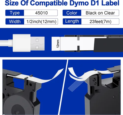 Vista 3 de Compatible con cinta de etiquetas Dymo D1 45010 1/2 pulgada x 23 pies, negro sobre transparente
