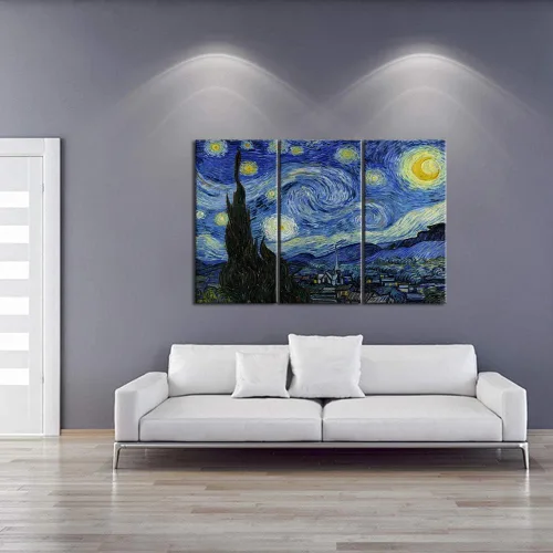 Vista 5 de iKNOW FOTO Lienzo grande de 3 paneles, arte de pared, noche estrellada por Van Gogh, famosas pinturas al óleo, reproducción moderna de lienzo