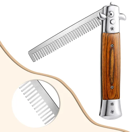 Vista 3 de Chengu 2 piezas de cepillo de pelo de hoja de grano de madera Switchblade cepillo de bolsillo peine automático botón cepillo y mariposa plegable