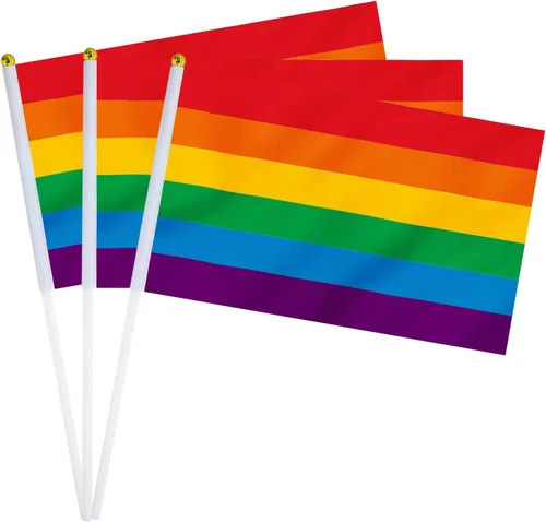 Vista 9 de Bandera bisexual con bandera bi, pequeña mini banderas de mano con orgullo bisexual en palos para desfiles, fiestas, festivales y decoraciones
