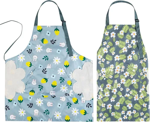 Vista 9 de Paquete de 2 delantales de cocina con toallita de mano, resistente a las gotas de agua con 2 bolsillos, delantales de cocina para mujeres y hombres