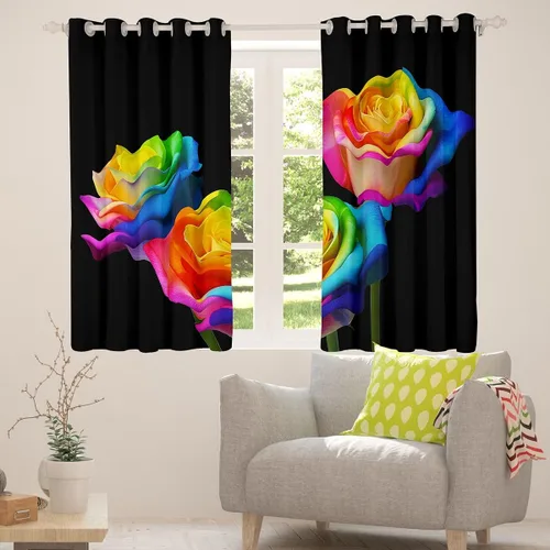Vista 5 de Feelyou Cortinas de ventana de rosas para decoración de dormitorio, rosas de arco iris, cortinas de ventana florales para parejas, amantes de ramo