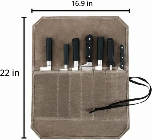 Vista 4 de HERSENT Funda enrollable para cuchillos de chef, lona encerada, soportes para cuchillos, protectores, herramientas de cocina para el hogar y 1. Caqui