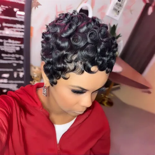 Vista 9 de YJOQOKOA Peluca corta de cabello humano estilo Bob para mujeres negras, pelucas de cabello humano con corte Pixie, sin pegamento, sin encaje
