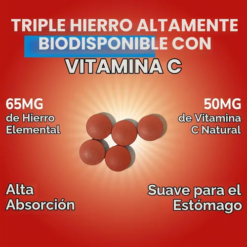 Vista 2 de Suplemento de hierro, bisglicinato ferroso complejo de 65 mg, sulfato, hierro carbonílico with Natural Vitamin C, Stomach Friendly Iron Pills for