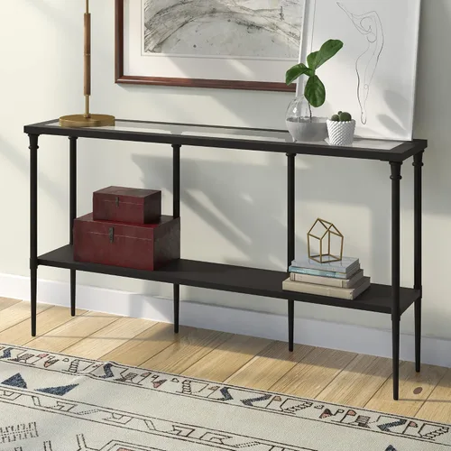 Vista 5 de Nellie - Mesa consola rectangular de 55 pulgadas de ancho con estante de metal en bronce ennegrecido Two-tier design with glass top adds stylish
