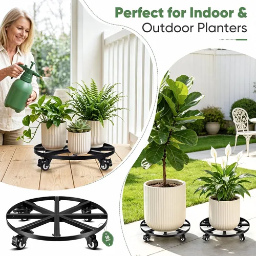 Vista 3 de 18" Round Metal Plant Caddy Rolling Plant Stand with Wheels Heavy Duty 500 lbs Capacity, Lockable Caster, Plant Dolly for Large Planter Pots & Heavy