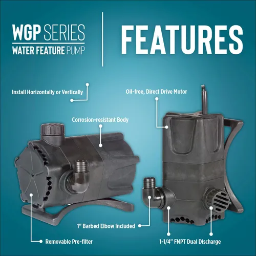 Vista 3 de Little Giant WGP-65-PW 115 Voltios, 1900 GPH Bomba sumergible de doble descarga de accionamiento directo para cascada y estanque, Negra, 566409