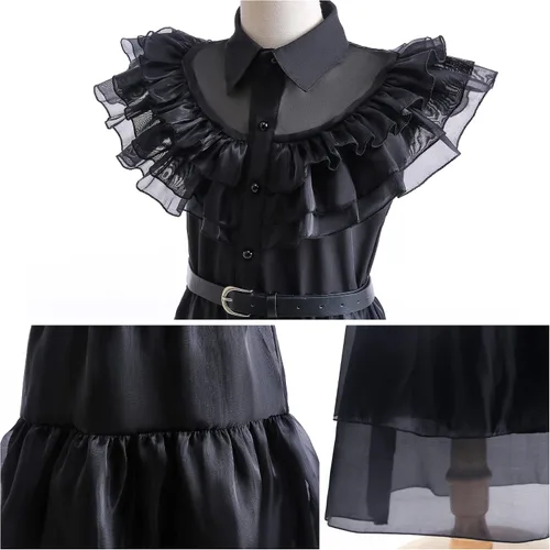 Vista 4 de GRIVOS Wednesday Addams - Disfraces de vestir para niños y niñas, fiesta familiar, disfraz de cosplay con peluca de cinturón de 4 a 14 años