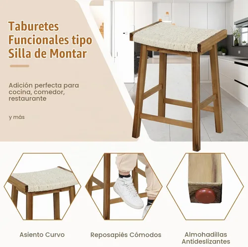 Vista 7 de COSTWAY Juego de 2 taburetes de comedor de 25.5 pulgadas de altura de mostrador con asiento tejido de algas marinas, madera de goma, marco de madera